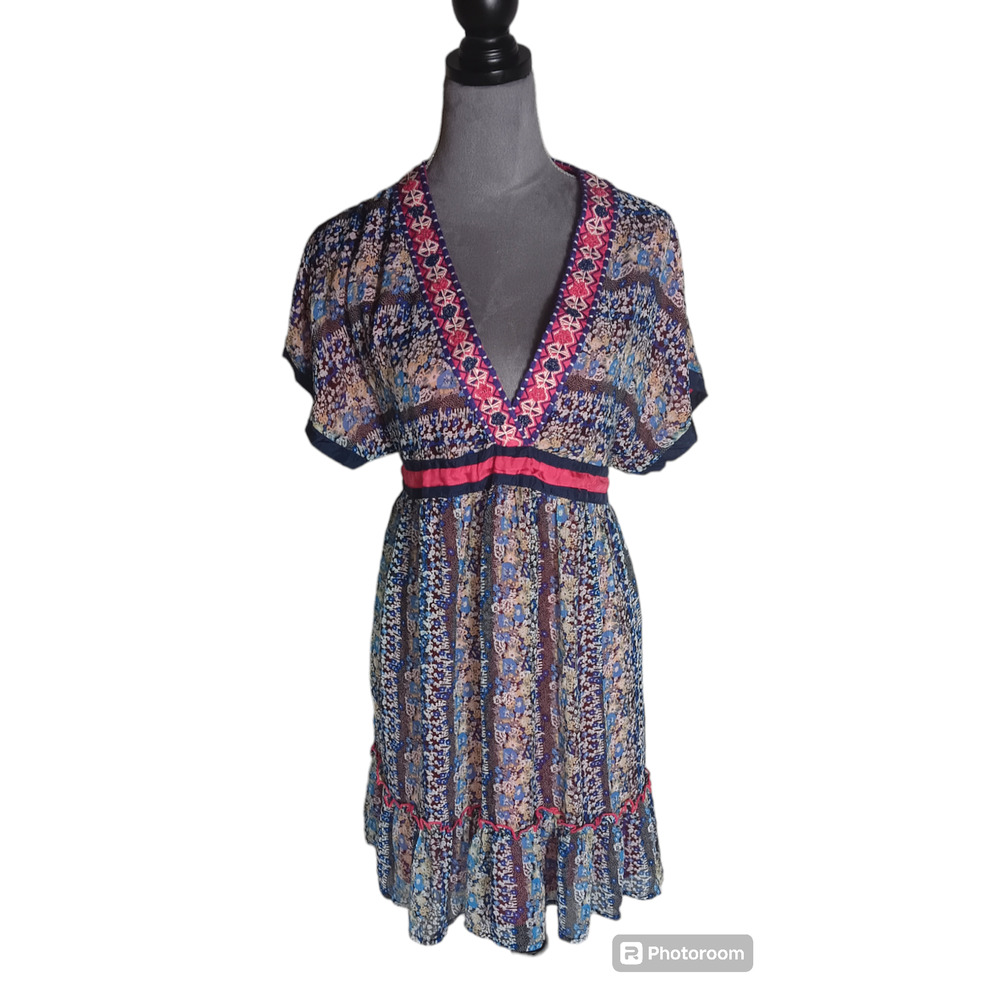 Sweet by Miss Me Beaded Floral Cleopatra VNeck Mini Babydoll Cottagecore Dress L